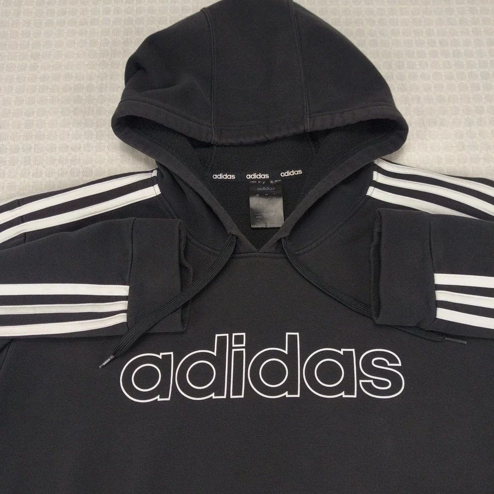 Adidas Mens Essentials 3-Stripes Pullover Hoodie Black White Logo‎ Size Large